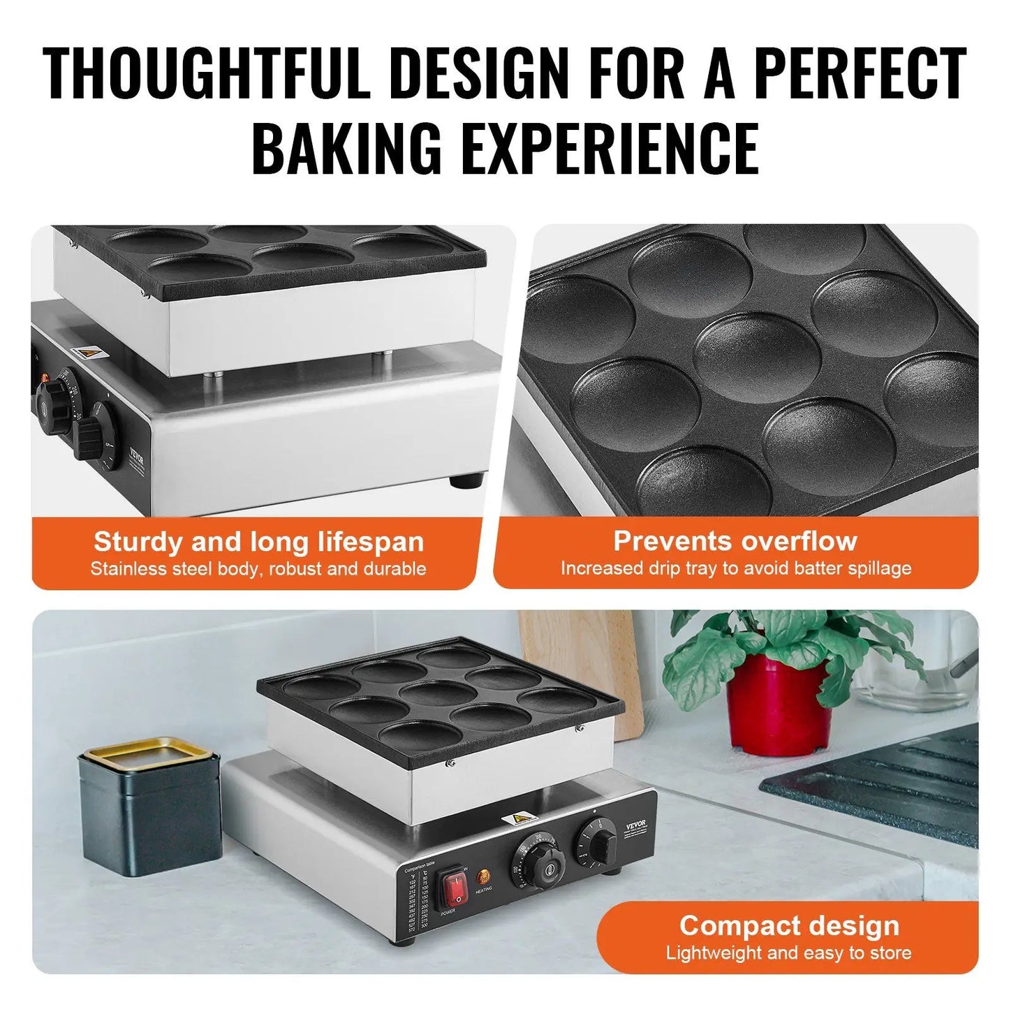 9PCS Mini Dutch Pancake Baker Commercial Electric Non-stick Waffle Maker Machine Muffin Maker for Home and Restaurants 850W