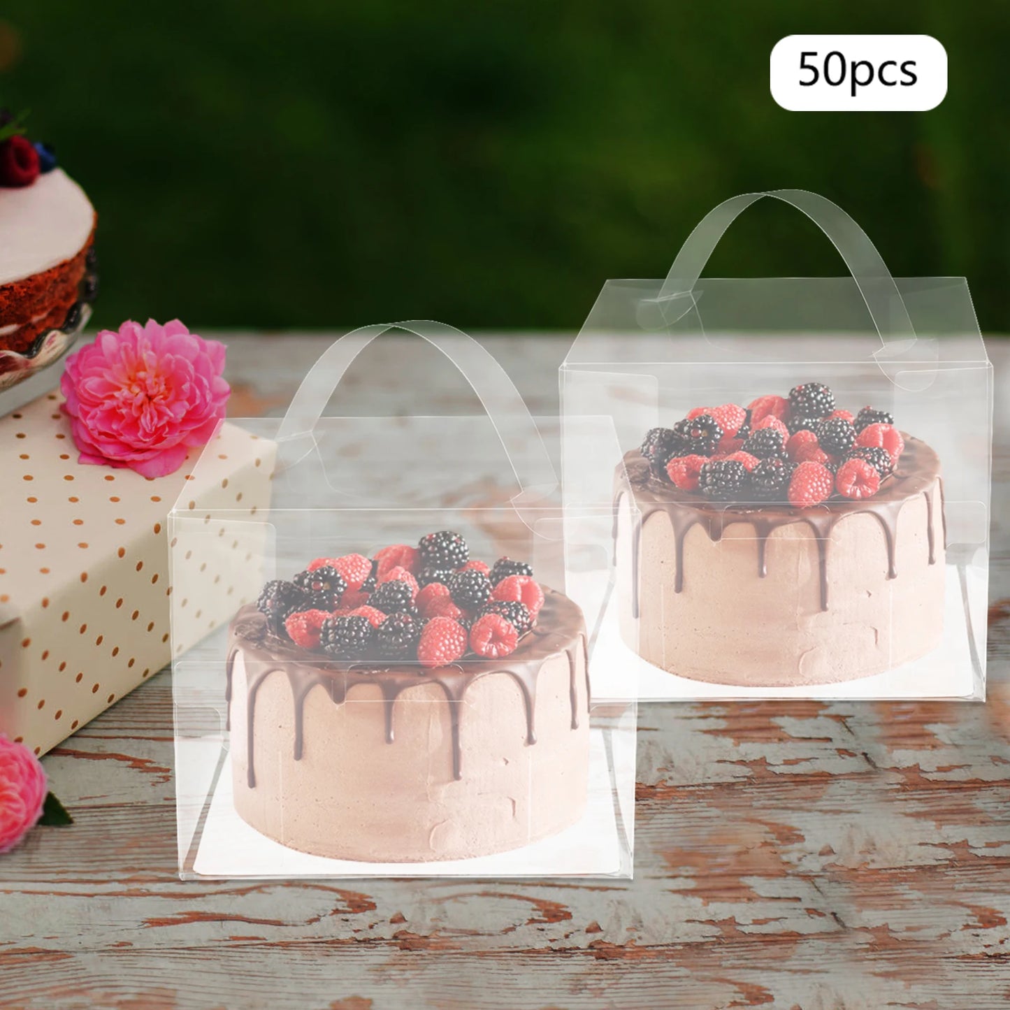 50PCS Cake Bread Packing Boxes Clear Cake Boxes with Handle for Gift