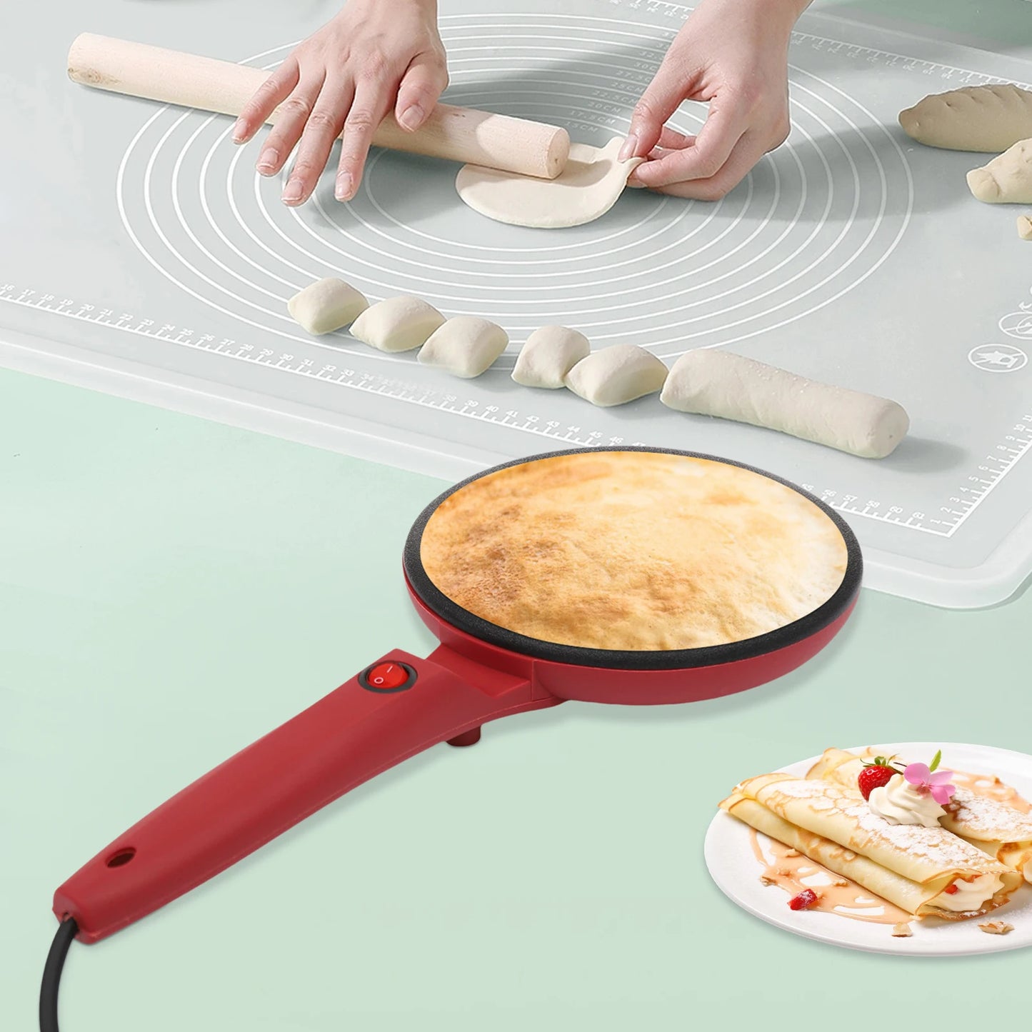 Red 8" Plastic Electric Crepe Maker,110V Corded Electric Pancake Machine Desktop Mount for Home,Bakery