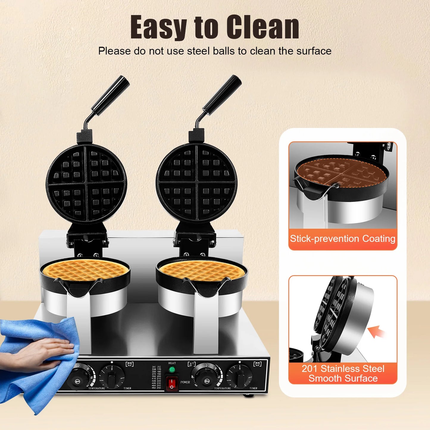Electric Waffle Maker Stainless Steel Round Waffle 2400W Iron Non-Stick Waffle Baker Machine Teflon-Coated Baking Pans