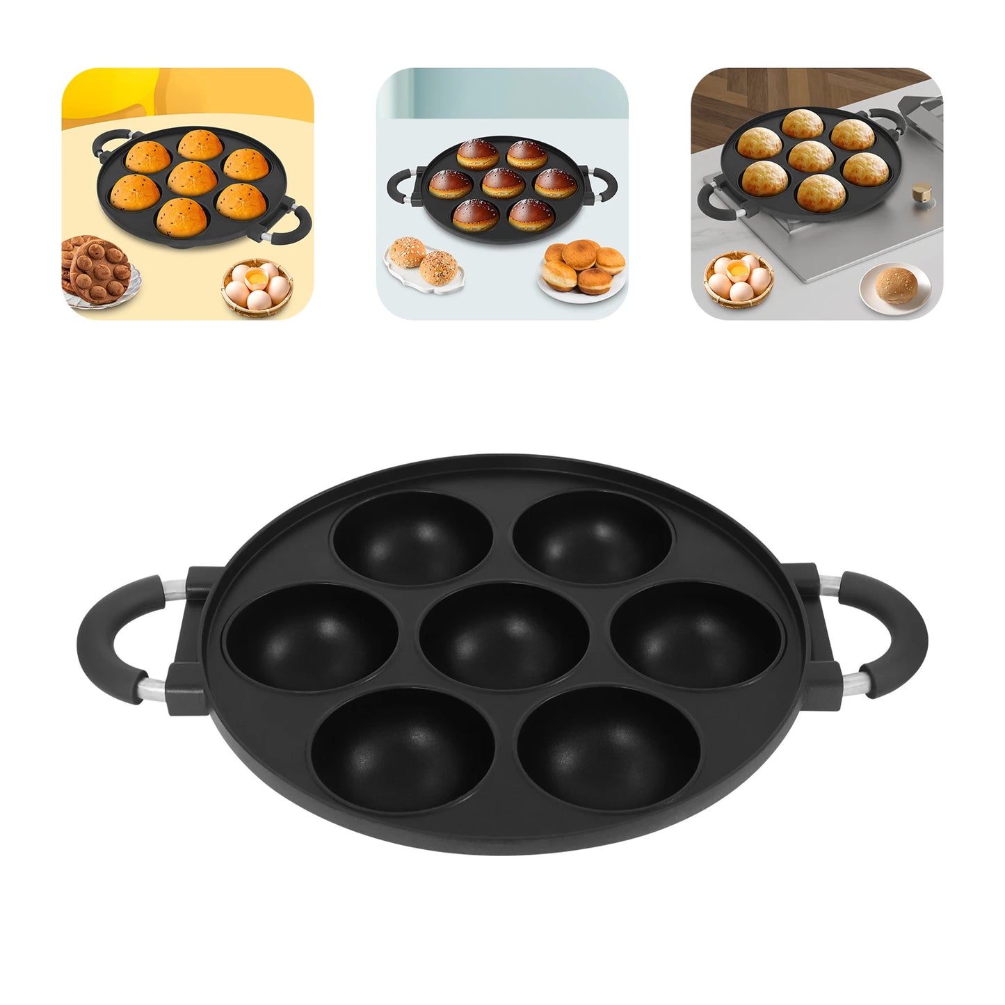 Bymaocar 7 Hole Round Takoyaki Pan Aluminum Cake Maker