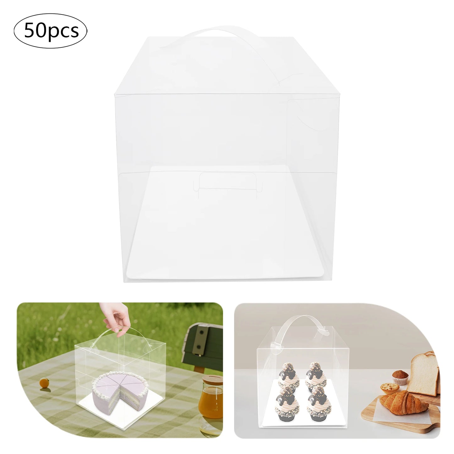 50Pcs Clear Party Cake Boxes with Handles, 5.5" Dessert Gift Packaging Container for Birthday Wedding Christmas Cookies