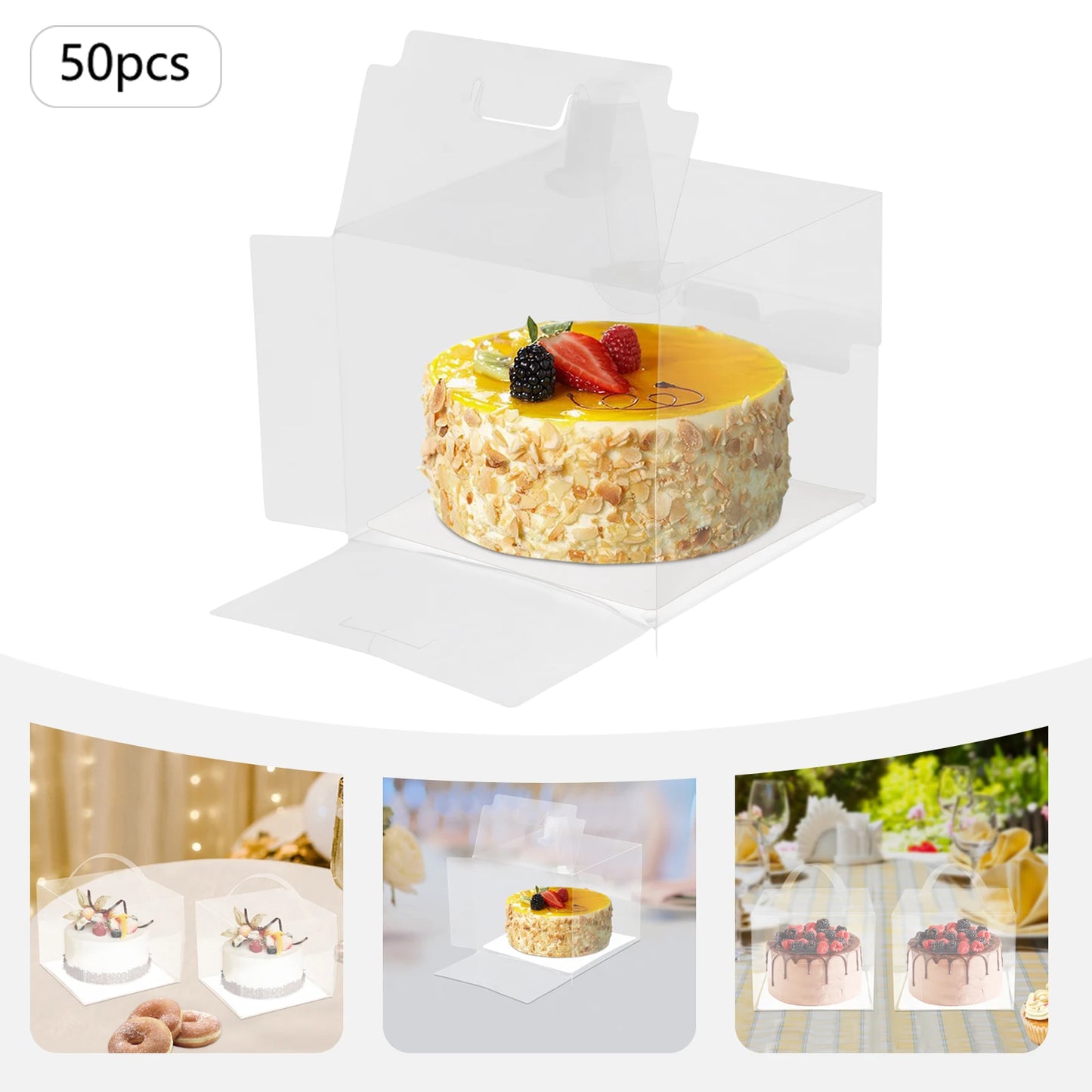 50pcs Clear PET Cake Box,Rectangle Plastic Cake Carrier 15*15*13cm for Placing Cakes,Desserts,Cookies
