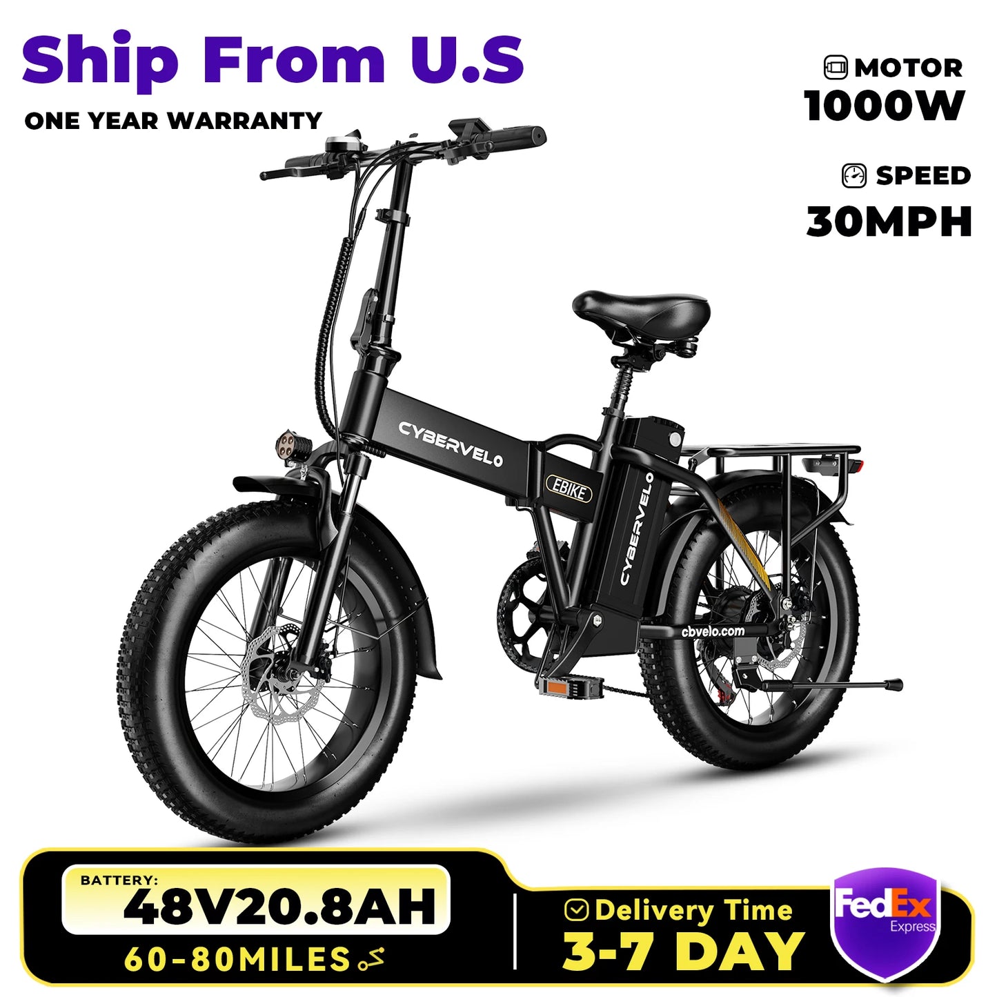CYBERVELO 1000W Folding Electric Bike With 48V Battery
