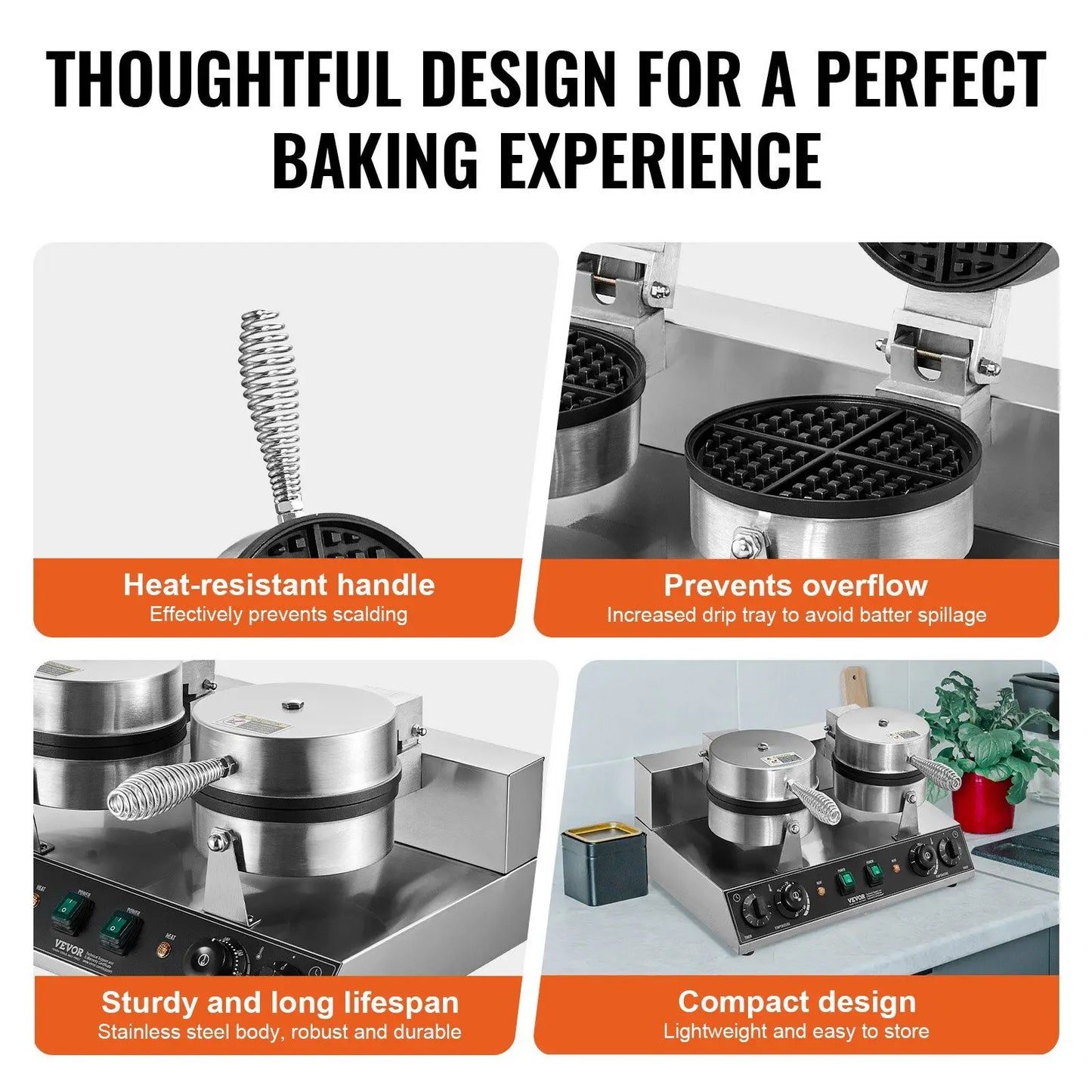 Commercial Waffle Maker Double Head Waffle Iron Machine 110V 2460W Nonstick Muffins Baking Machine, Adjustable Temperature