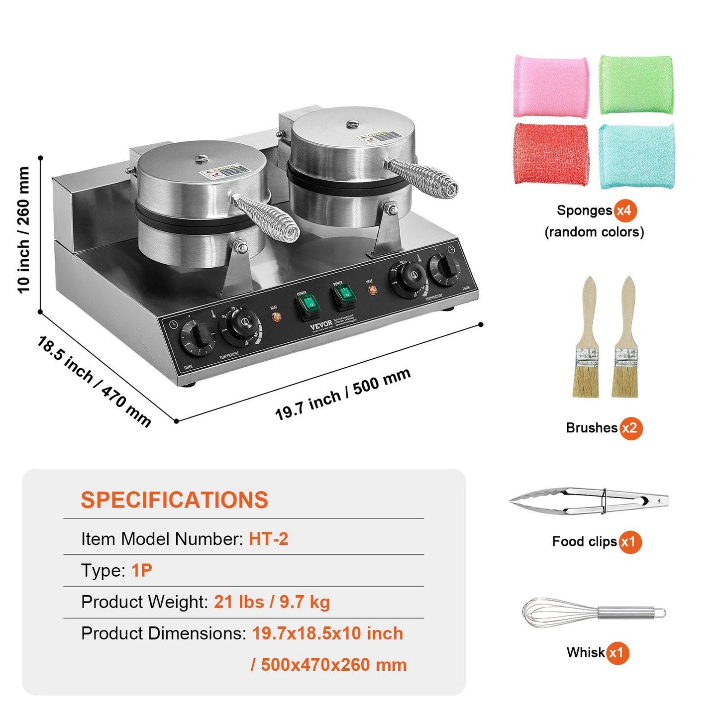 Commercial Waffle Maker Double Head Waffle Iron Machine 110V 2460W Nonstick Muffins Baking Machine, Adjustable Temperature