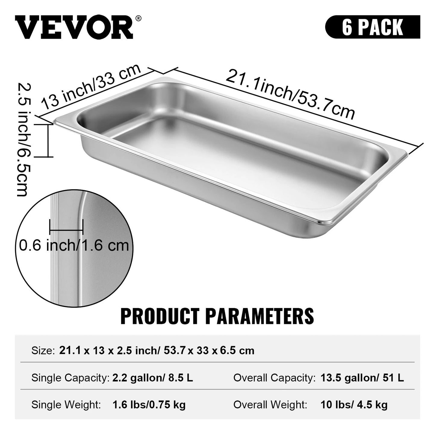 SucceBuy 8.5L-20.5L Buffet Chafing Dishes Gastronorm Pans Steam Table Pans Stainless Steel Food Container for Party BBQ Baking