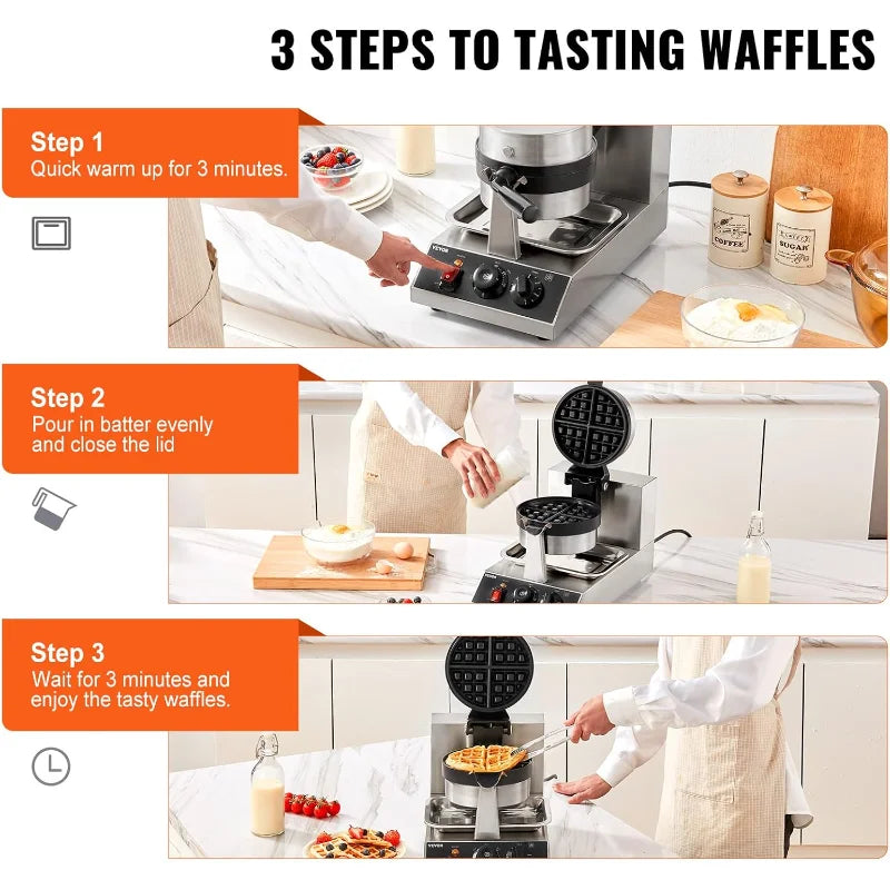 XMSJ Commercial Waffle Maker 1300W Rotatable Nonstick