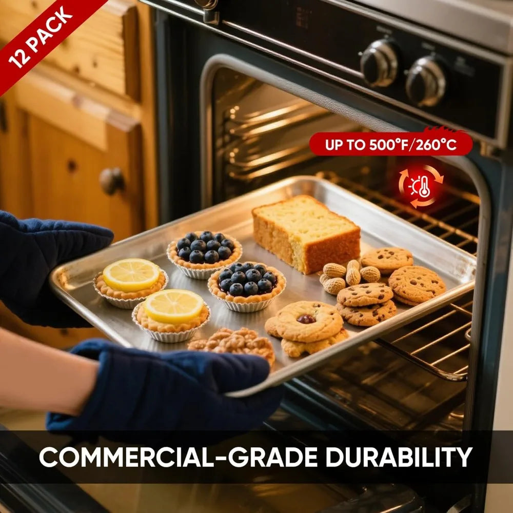 TENUP 12 Pack Aluminum Half Sheet Pan, 18 x 13 Heavy Duty Commercial Baking Tray Reinforced Rim, Warp-Resistant Rust-Free