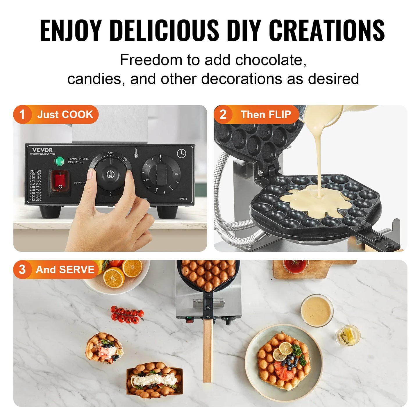 VEVOR Egg Bubble Waffle Maker 180 Rotatable Two Pans