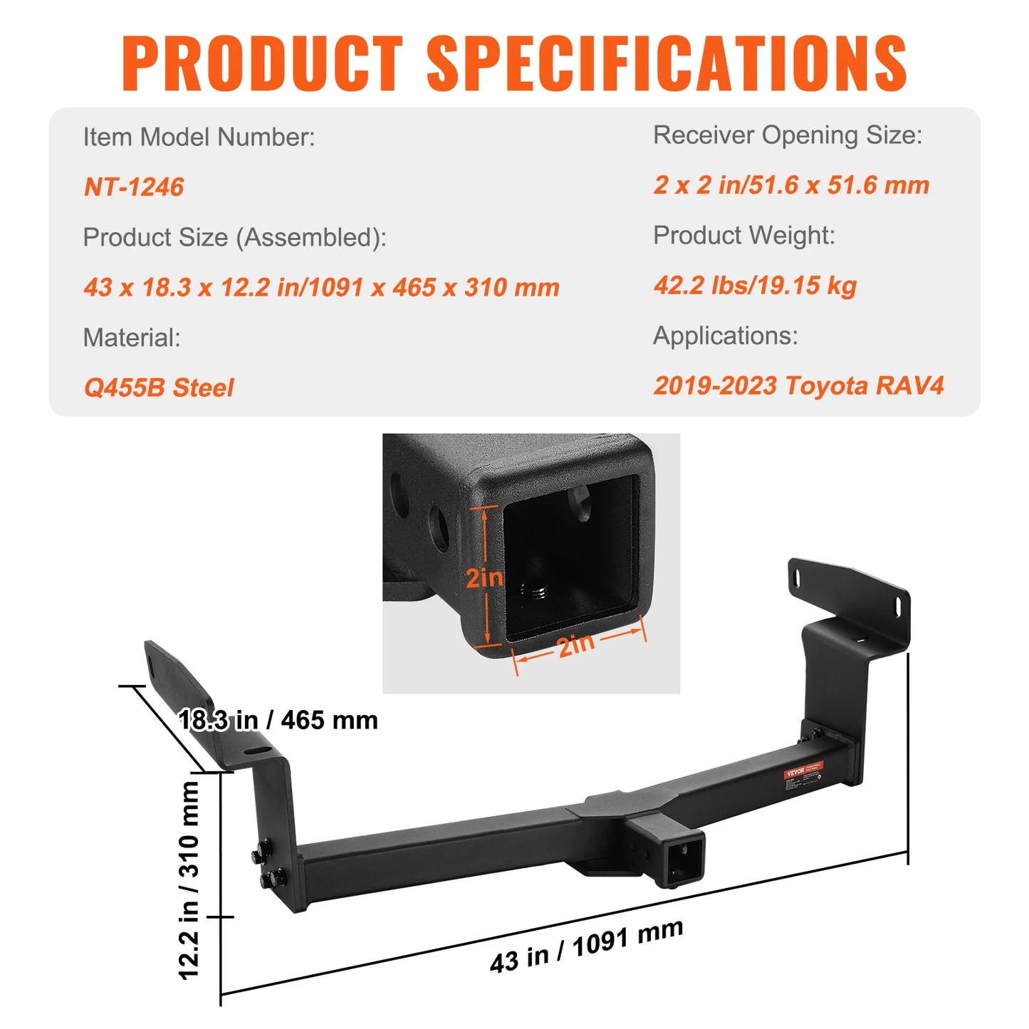 SucceBuy Class 3 Trailer Hitch Steel Tube Frame Tow Hook