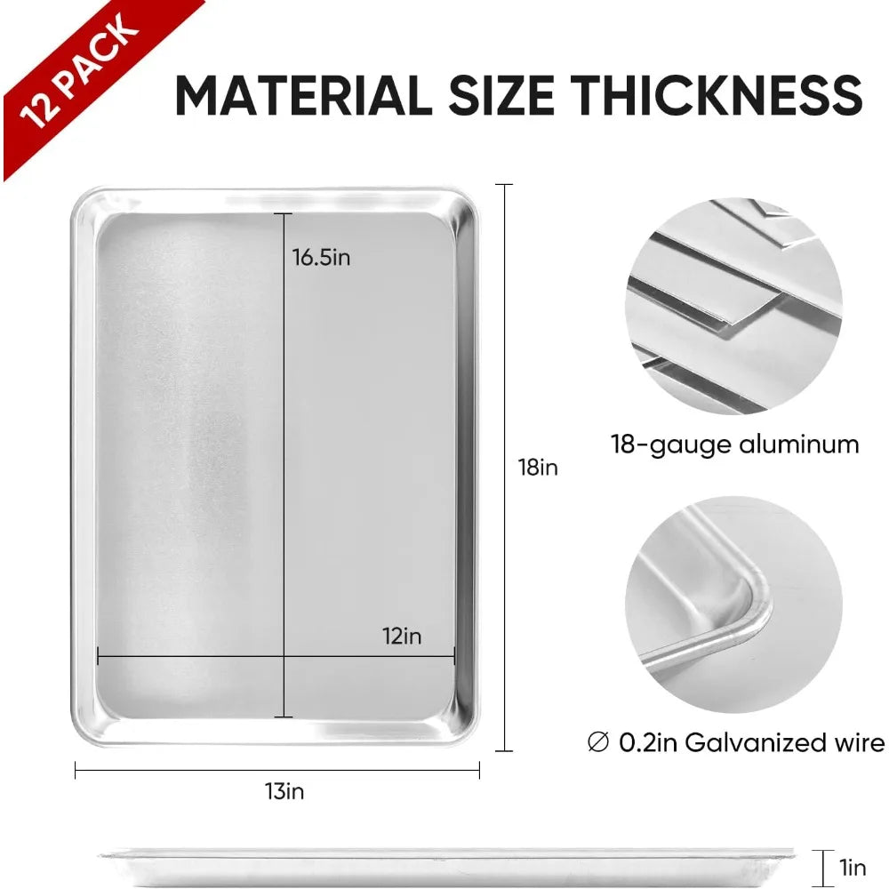 TENUP 12 Pack Aluminum Half Sheet Pan, 18 x 13 Heavy Duty Commercial Baking Tray Reinforced Rim, Warp-Resistant Rust-Free