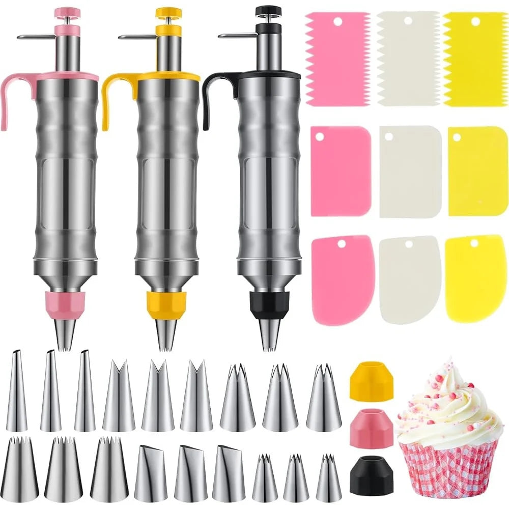 XMSJ Cake Decorating Syringe Set 3 Guns 6 Nozzles Scrapers