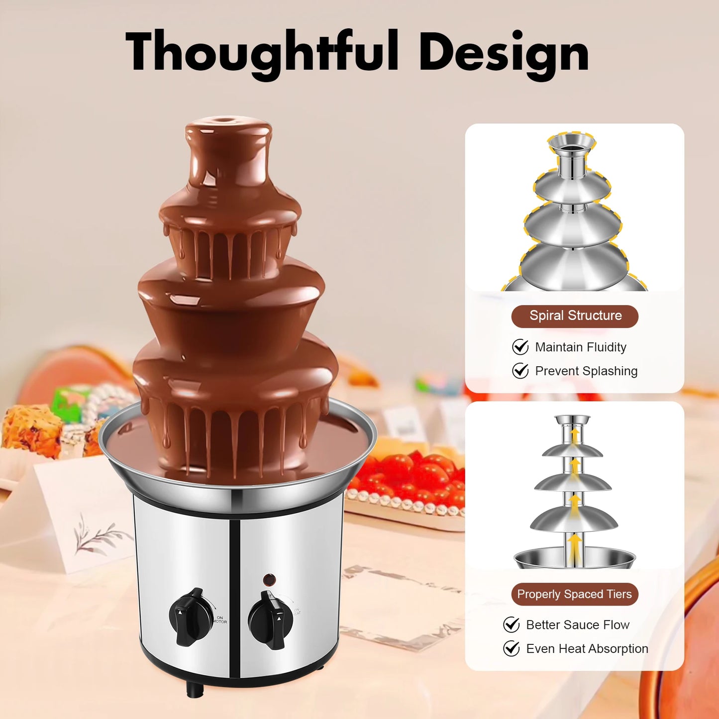 4 Tier Chocolate Fondue Fountain Stainless Steel Machine Pro