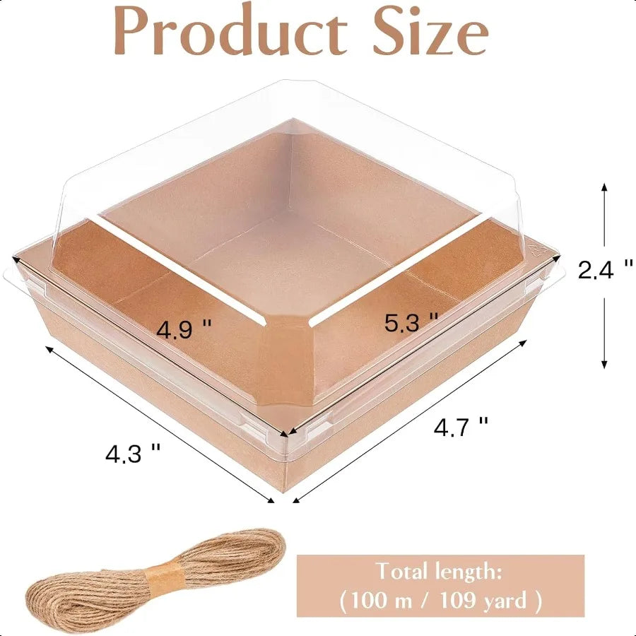50 Pack 5 Inch Paper Charcuterie Boxes with Clear Lids Square To Go Cake Slice Containers Small Kraft Bakery Boxes for Dessert