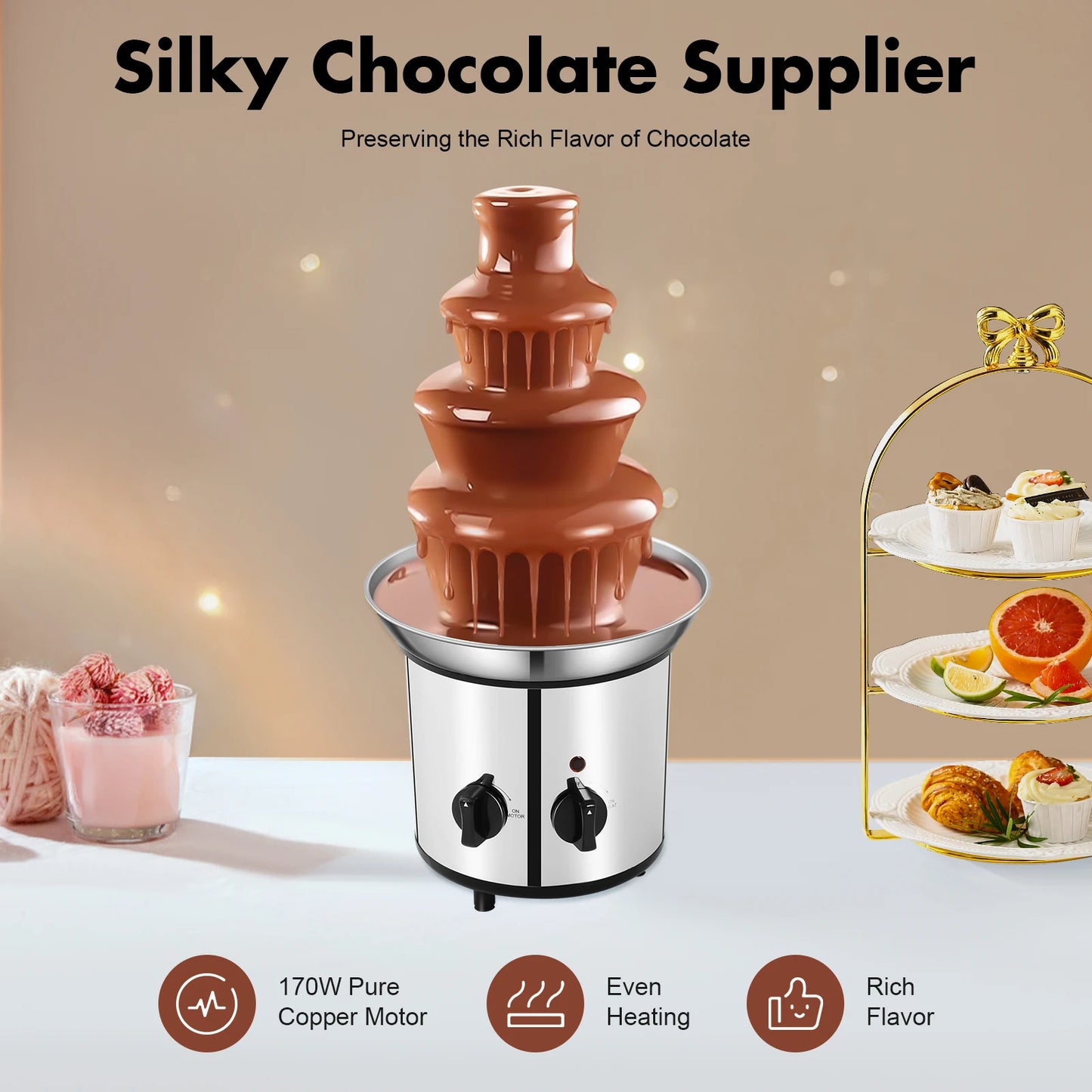 4 Tier Chocolate Fondue Fountain Stainless Steel Machine Pro