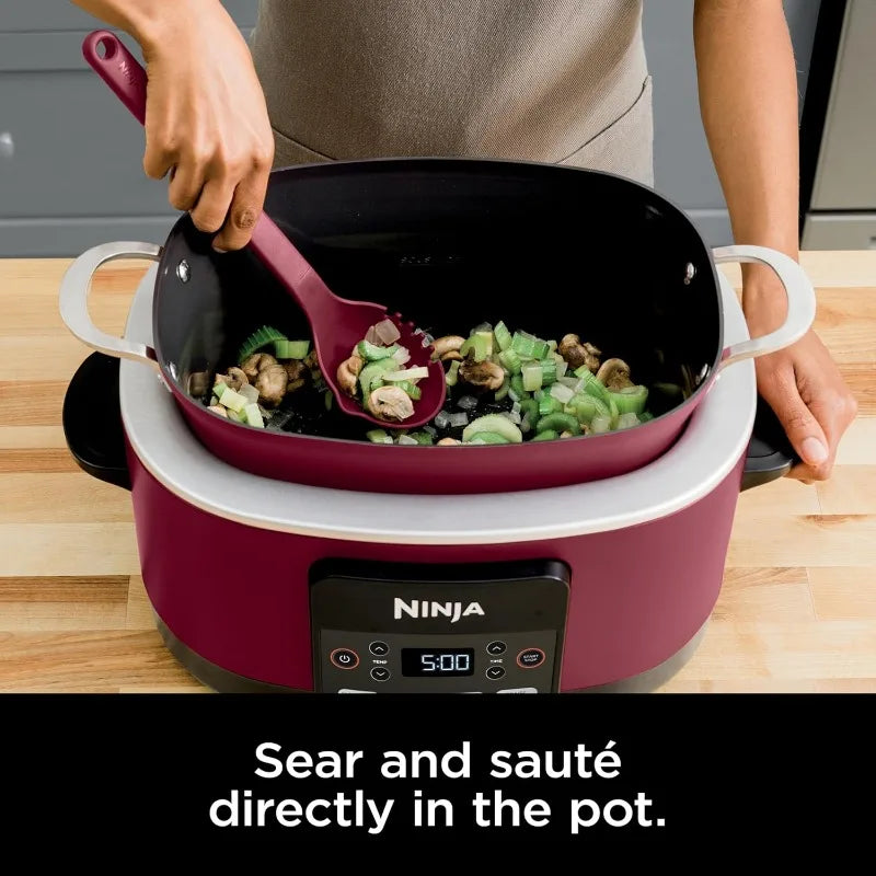 Ninja MC1000 8.5Qt Multicooker 8 in 1 Slow Cooker, Dutch Oven, Steam Bake Roast Sear Sauté Bread Maker Warmer, Nonstick (Cherry)