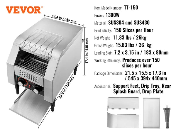 VEVOR Conveyor Toaster 150 300 450 Slices Per Hour Pro
