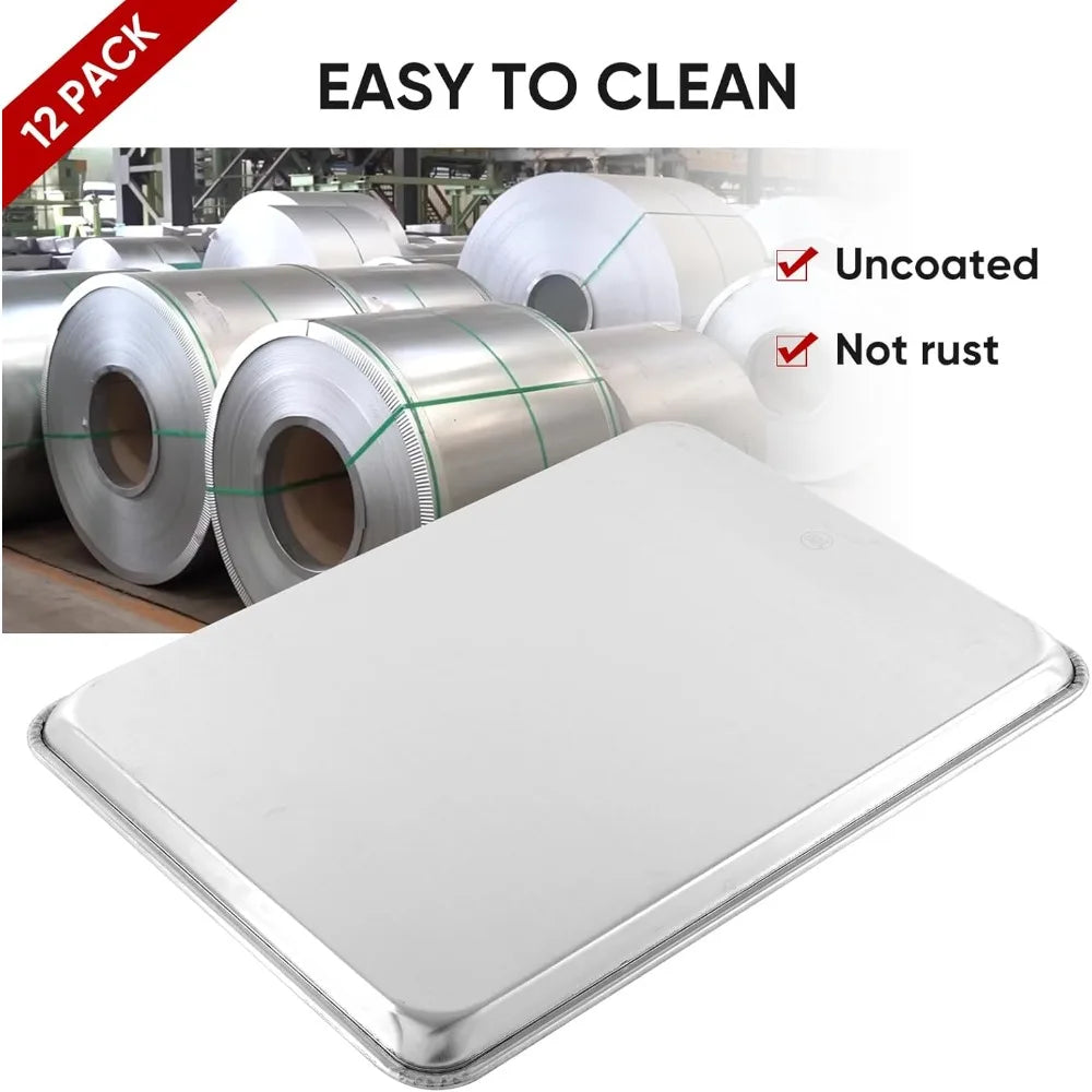 TENUP 12 Pack Aluminum Half Sheet Pan, 18 x 13 Heavy Duty Commercial Baking Tray Reinforced Rim, Warp-Resistant Rust-Free