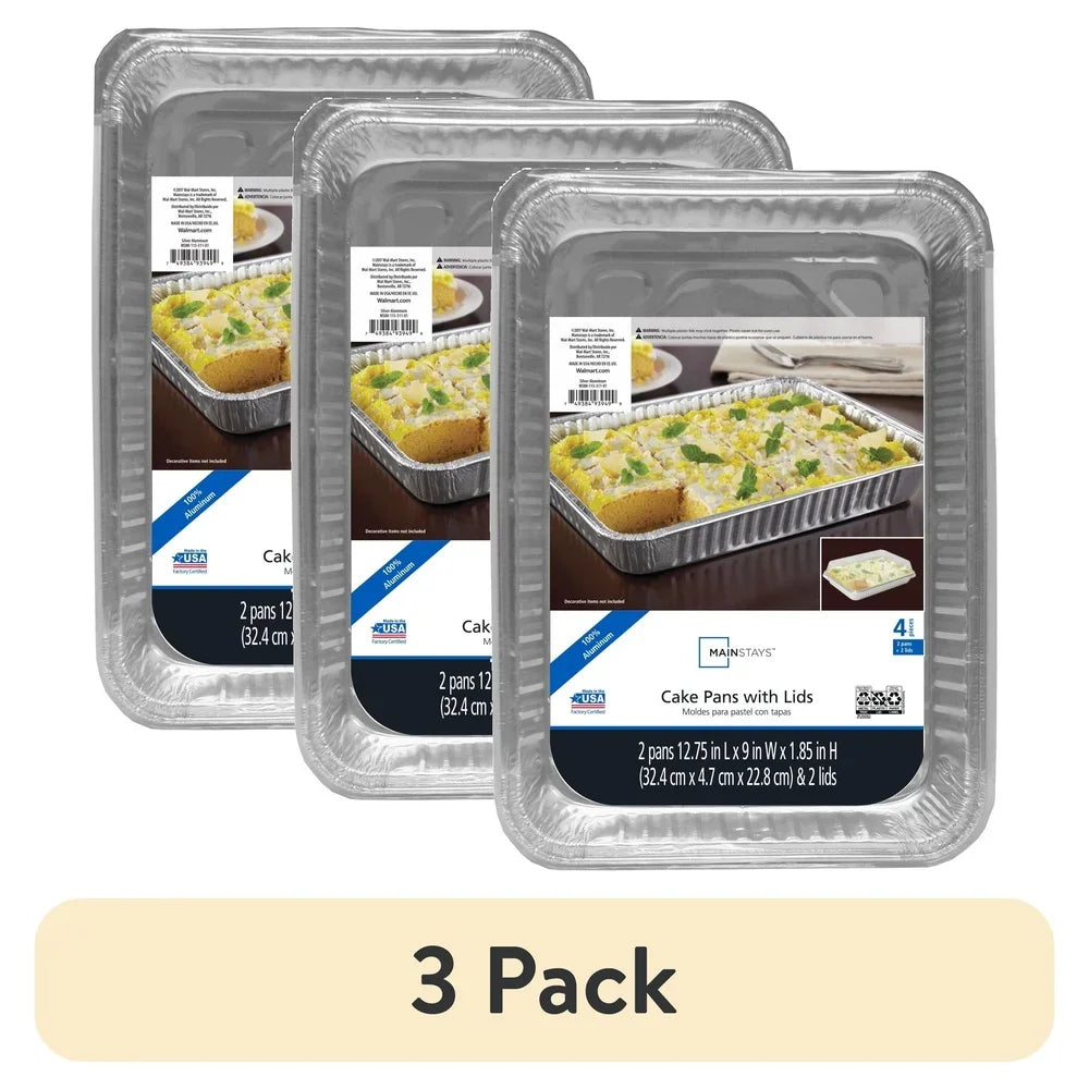 3 Pack Rectangular Aluminum Foil Cake Pans with Lids Disposable Easy Clean Deep Design Baking Casseroles Brownies Transporting