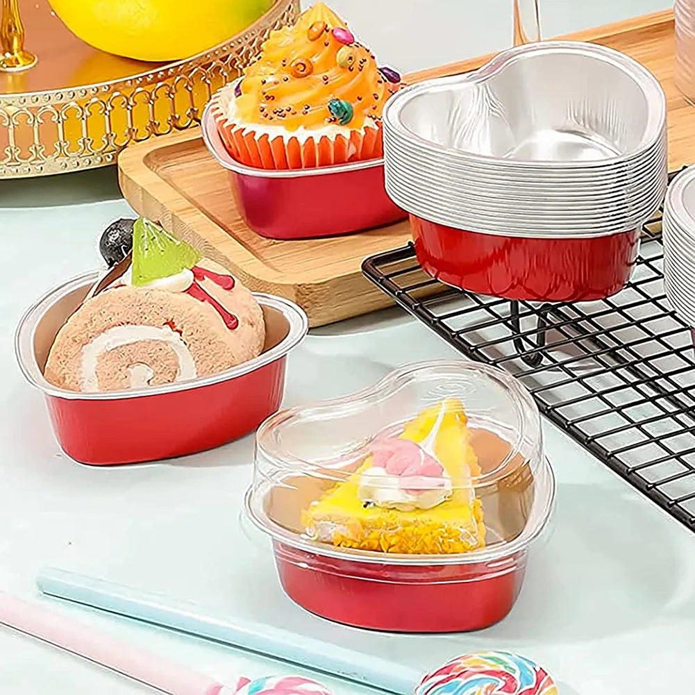 Twisterck Heart Shaped Foil Cake Cups With Lids 50Pcs