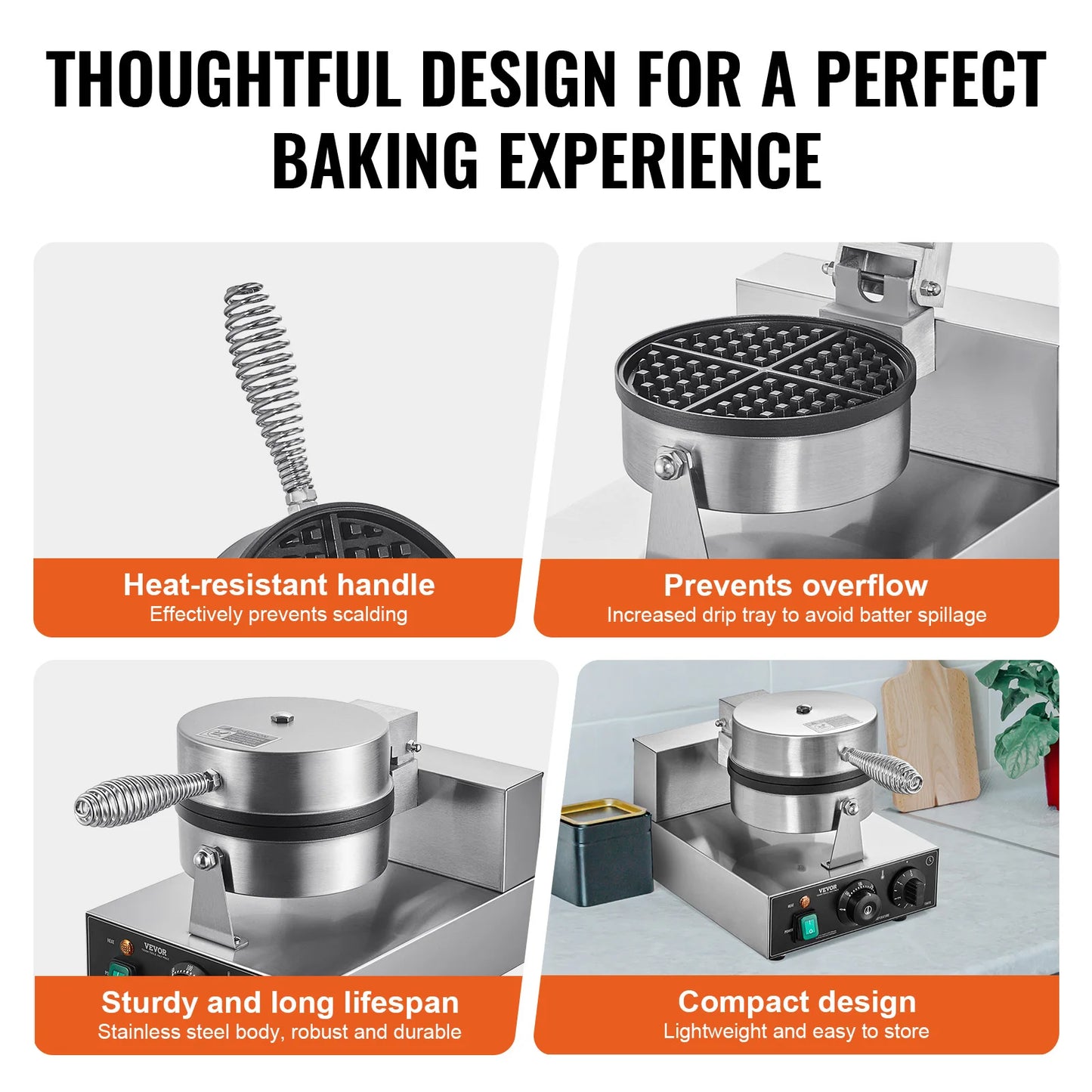 VEVOR Commercial Waffle Maker 1230W Round Waffle Iron
