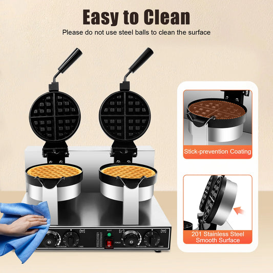 Electric Waffle Maker Stainless Steel Round Waffle 2400W Iron Non-Stick Waffle Baker Machine Teflon-Coated Baking Pans