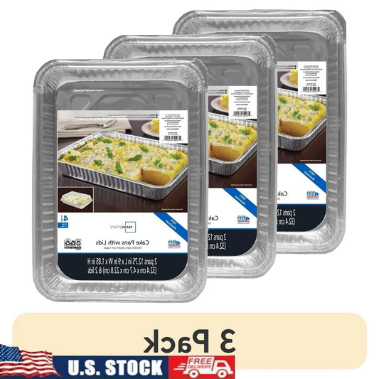 3 Pack Rectangular Aluminum Foil Cake Pans with Lids Disposable Easy Clean Deep Design Baking Casseroles Brownies Transporting