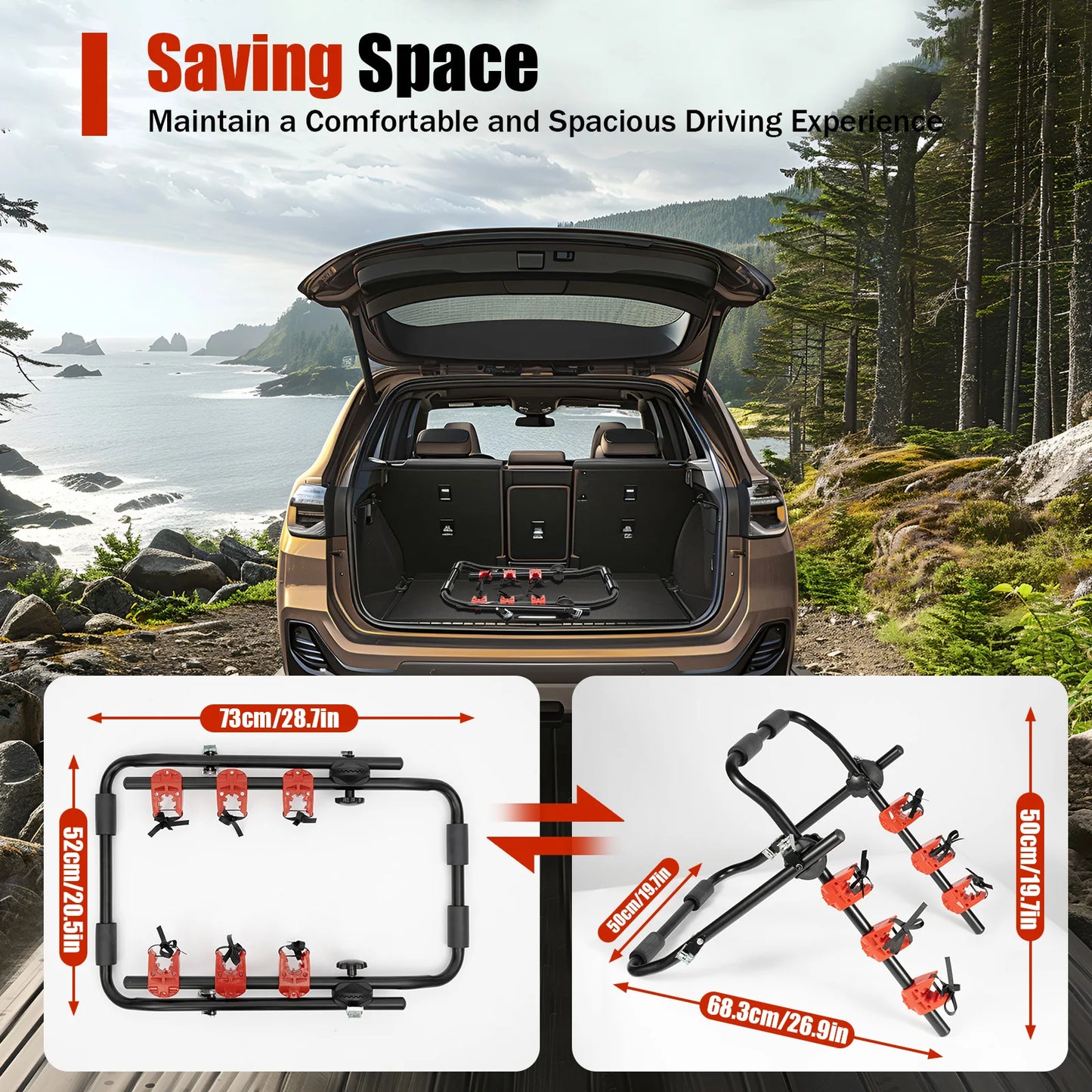 Folded 3 Bike Trunk Mount Rack Universal Car Carrier