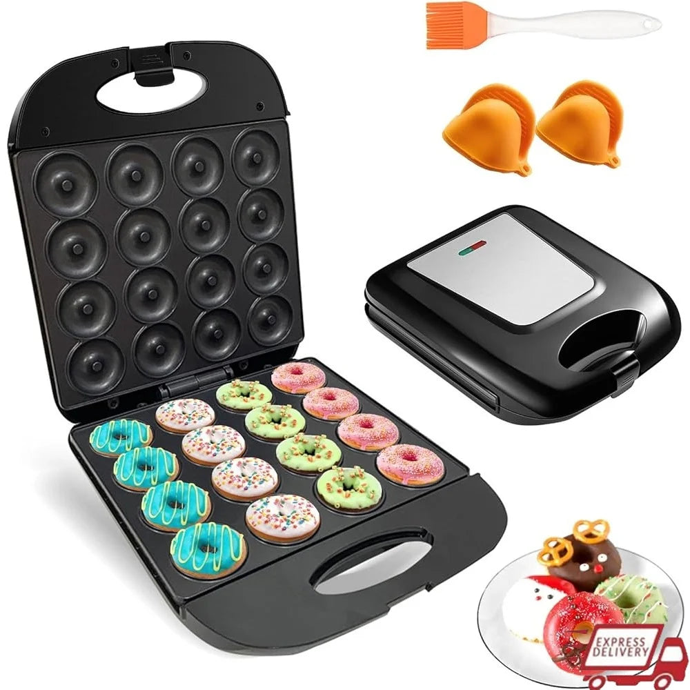 Mini Donut Maker 16-Hole Electric Doughnut Pancake Machine Non-Stick Surface Home Baking Kit Fast Healthy Treats Ideal Kids