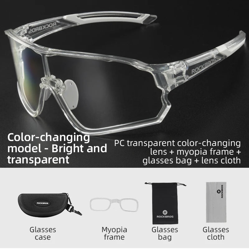 ROCKBROS Photochromic Bicycle Glasses UV400 Goggle Large Frame Men Women Sports Bike Eyewear Sungless Adjustable Cycling Glasses