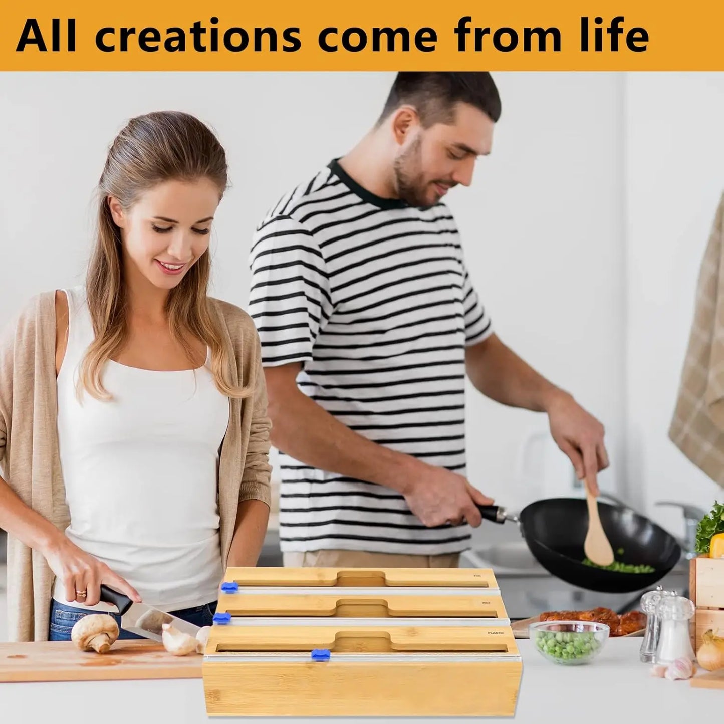 Packaging dispenser, 3 in 1 bamboo tin foil storage box, baking paper, wax paper holder kitchen storage box,