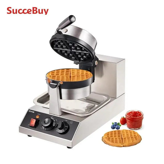 SucceBuy Electric Waffle Maker Round Waffle Iron Non-Stick Baker Machine Teflon-Coated Baking Pans Stainless Steel Gaufriers