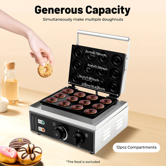 ﻿ 1550W Doughnut Maker w/ 12-Compartment Baking Pan, Large Capacity Donut Maker, Doughnut Baking Machine
