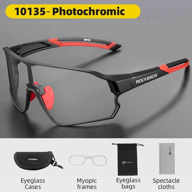 ROCKBROS Photochromic Bicycle Glasses UV400 Goggle Large Frame Men Women Sports Bike Eyewear Sungless Adjustable Cycling Glasses