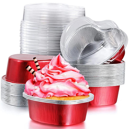 Twisterck Heart Shaped Foil Cake Cups With Lids 50Pcs
