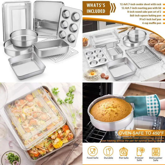 E-Far Stainless Steel Bakeware Set 9 Piece Round Square
