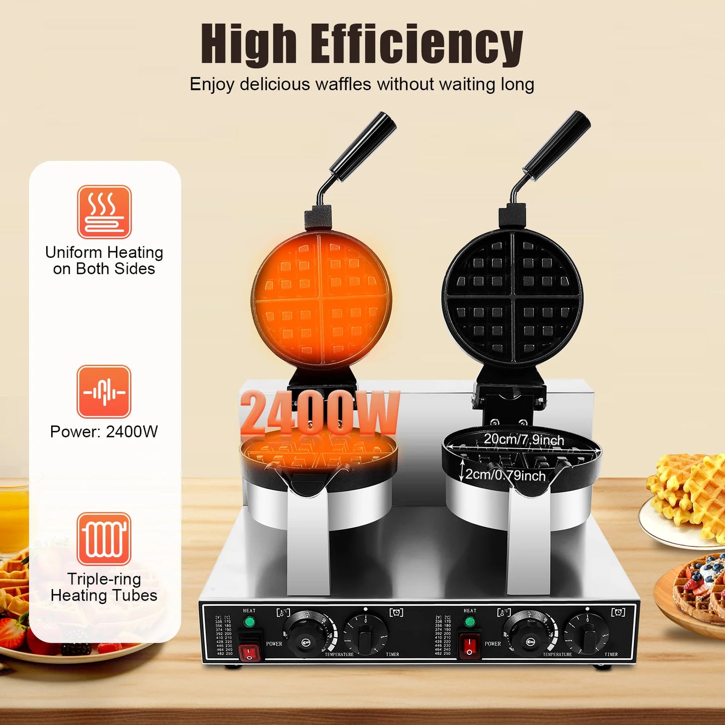 Electric Waffle Maker Stainless Steel Round Waffle 2400W Iron Non-Stick Waffle Baker Machine Teflon-Coated Baking Pans