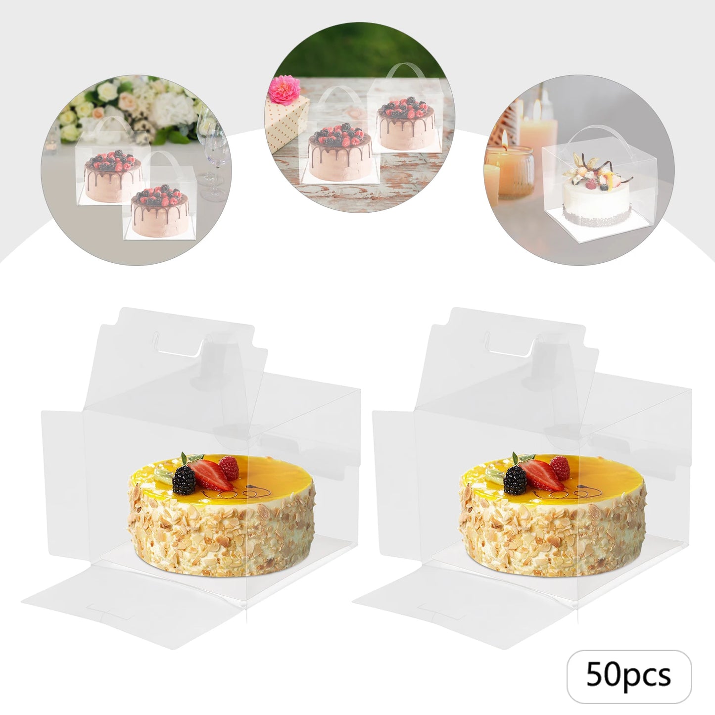 50pcs Clear PET Cake Box,Rectangle Plastic Cake Carrier 15*15*13cm for Placing Cakes,Desserts,Cookies