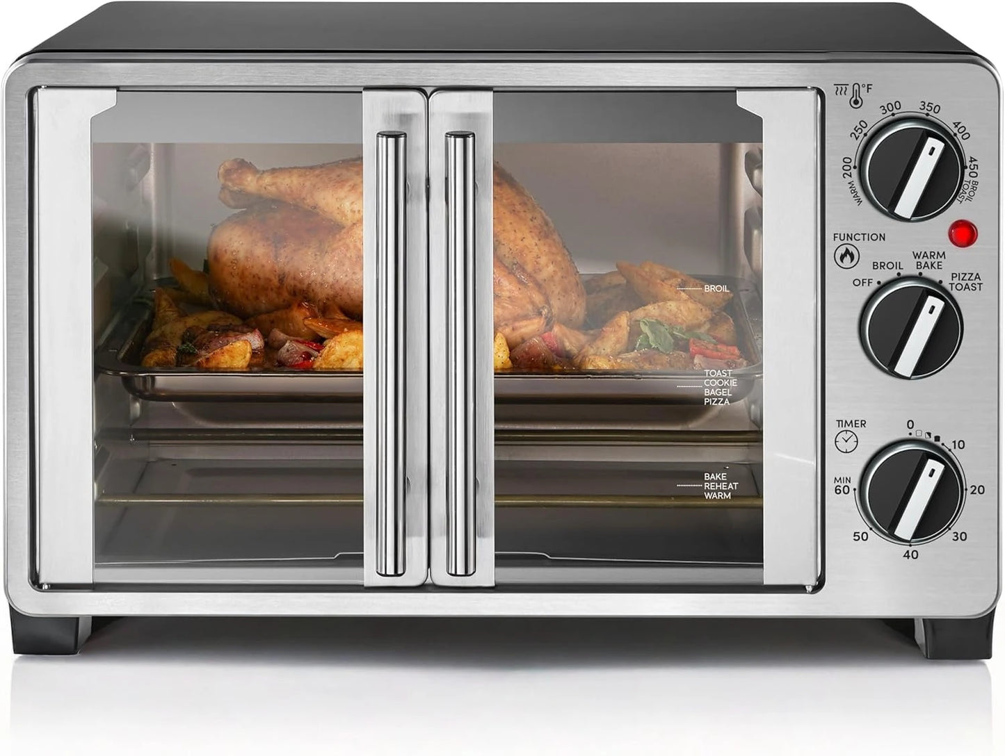 Double French Door Countertop Toaster Oven, Bake, Broil, Toast, Keep Warm, Fits 12" pizza, 25L capacity, Stainless Steel & Black