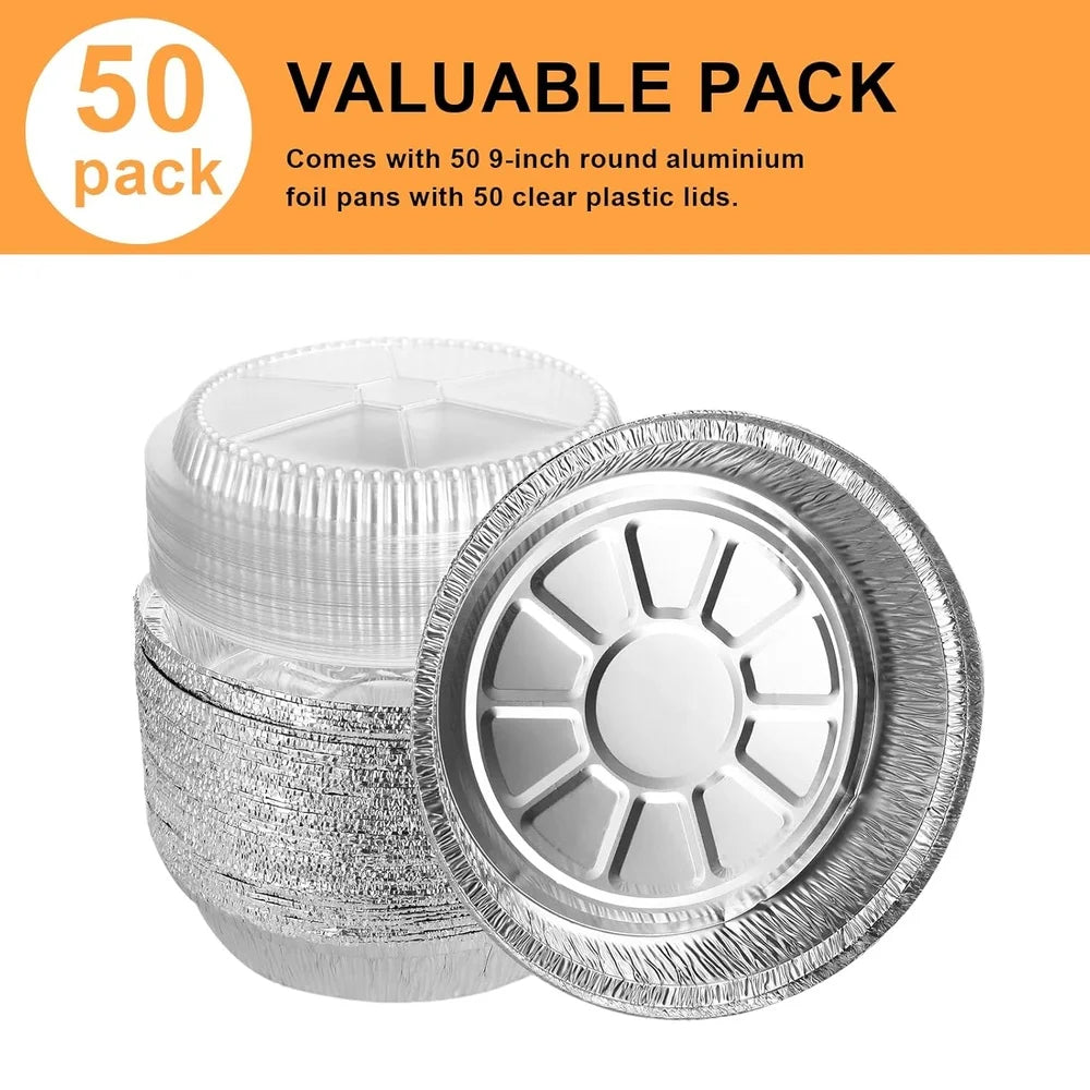 9 Inch Round Aluminum Foil Pans with Lids 50 Pack Heavy Duty Disposable Food Containers Baking Meal Prep Reheating