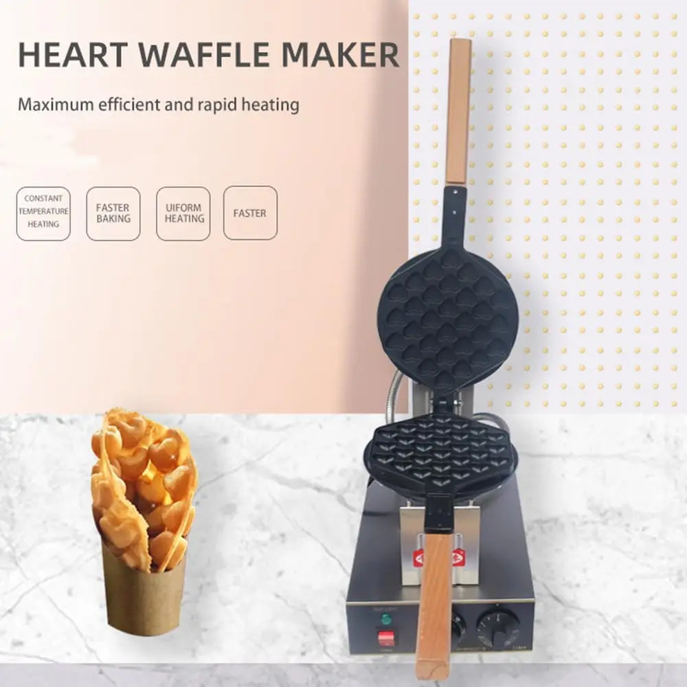 Heart Waffle Maker 1300W Commercial Electric Ice Cream Cone Maker 110V Stainless Steel Egg Cone Baker w/Non-Stick Teflon Coating