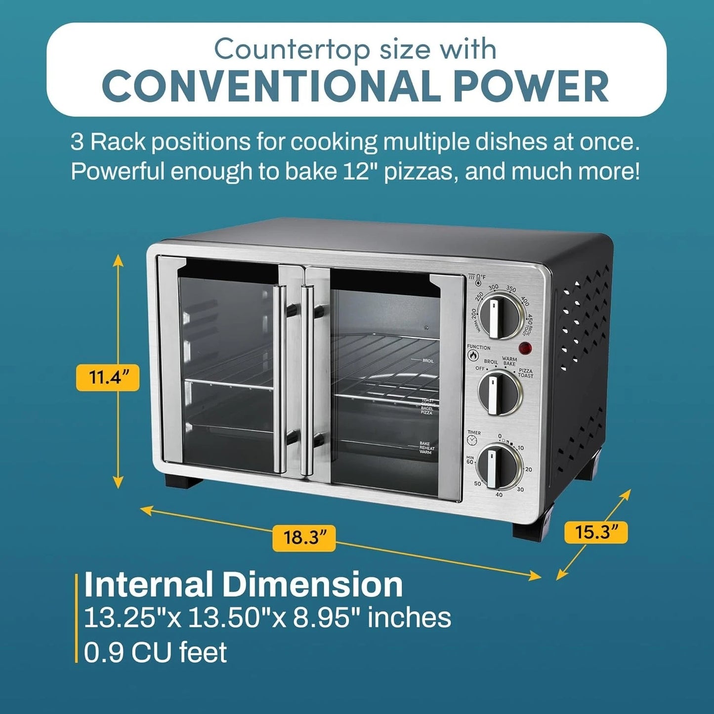 Double French Door Countertop Toaster Oven, Bake, Broil, Toast, Keep Warm, Fits 12" pizza, 25L capacity, Stainless Steel & Black