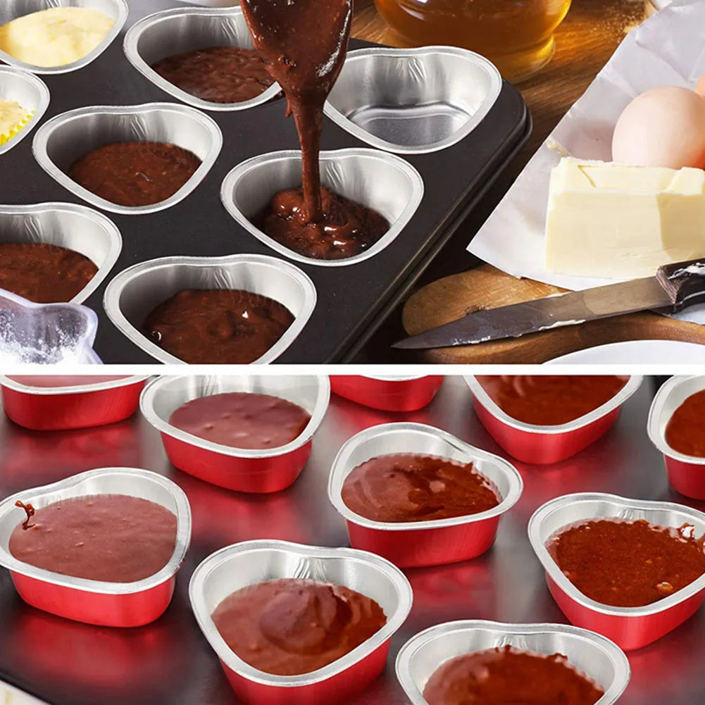 Twisterck Heart Shaped Foil Cake Cups With Lids 50Pcs