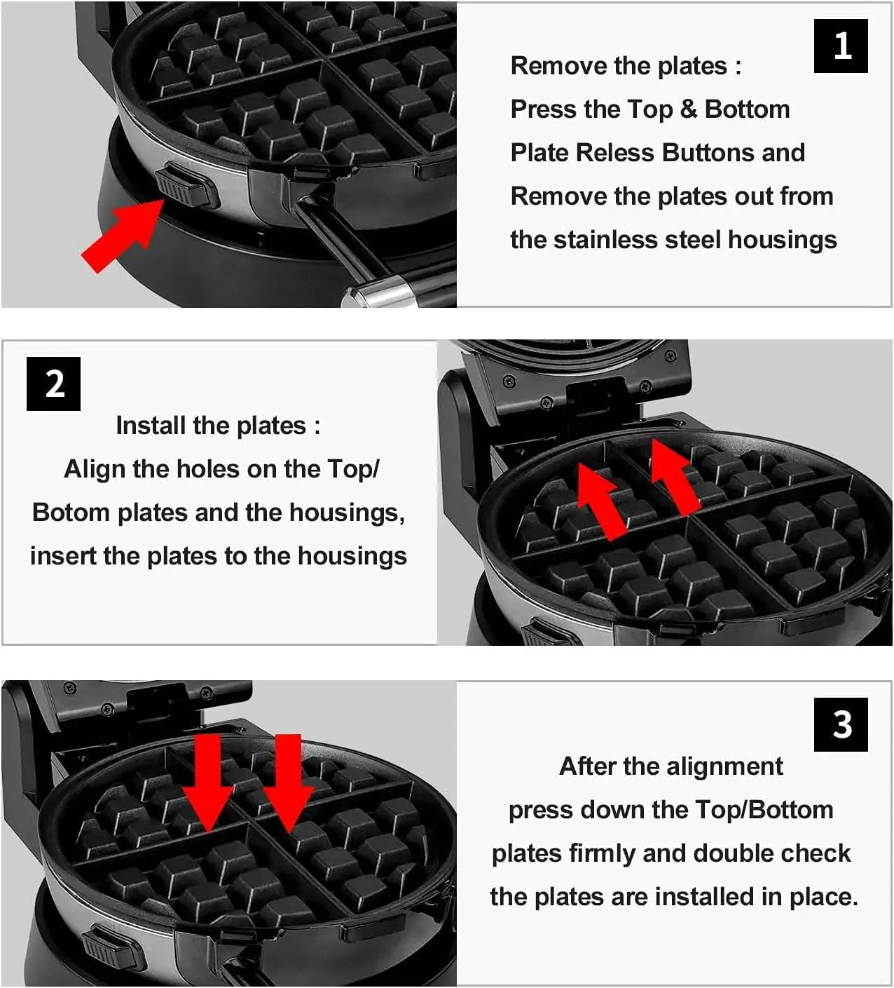 3-in-1 Waffle, Omelet, Egg Waffle Maker, 3 Removable Nonstick Baking Plates, Upgraded 360 Rotating Belgian Maker