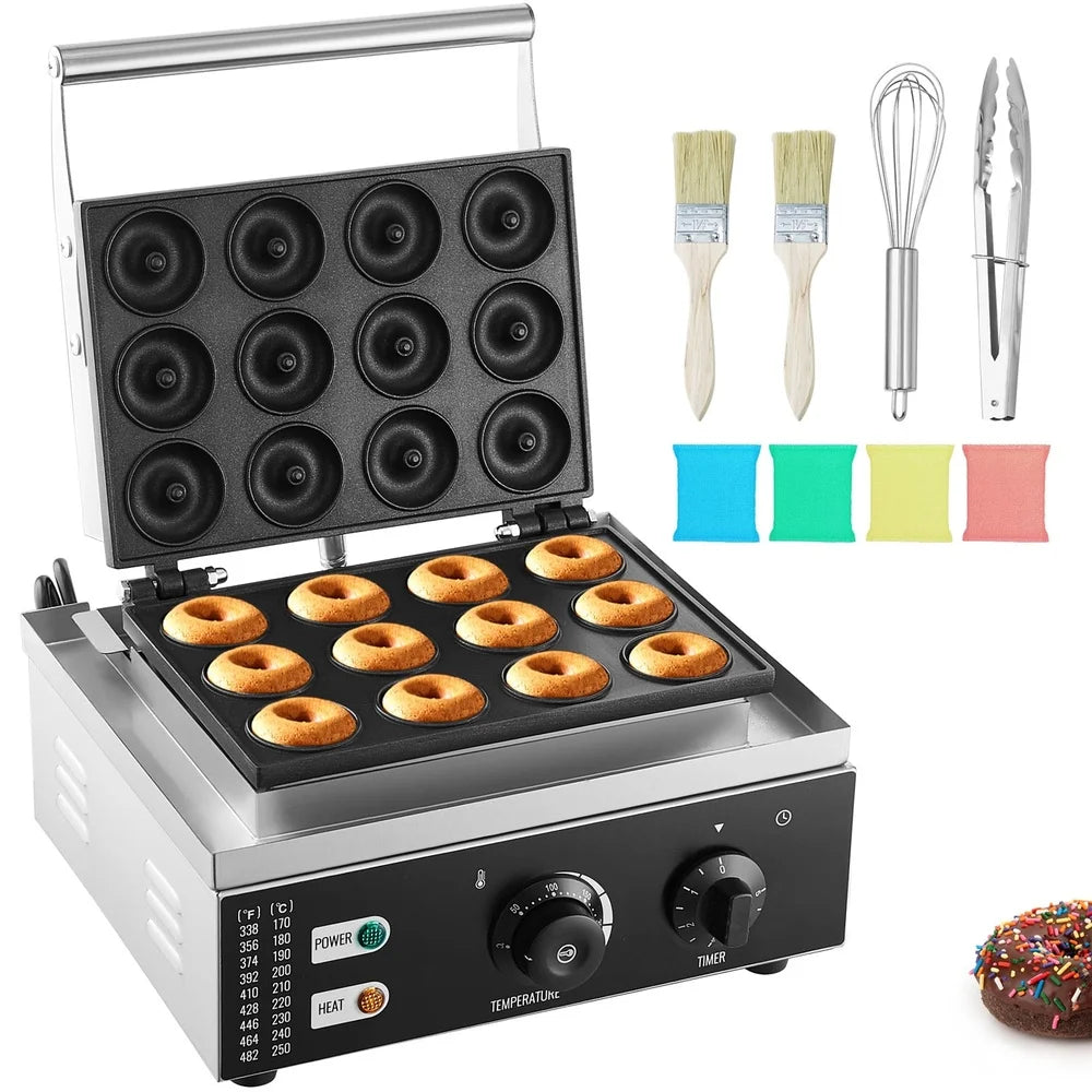 Industrial Donut Maker 1550W Dual-Heat Non-Stick Waffle Machine 12 Slots Stainless Steel Commercial Equipment Bakeries