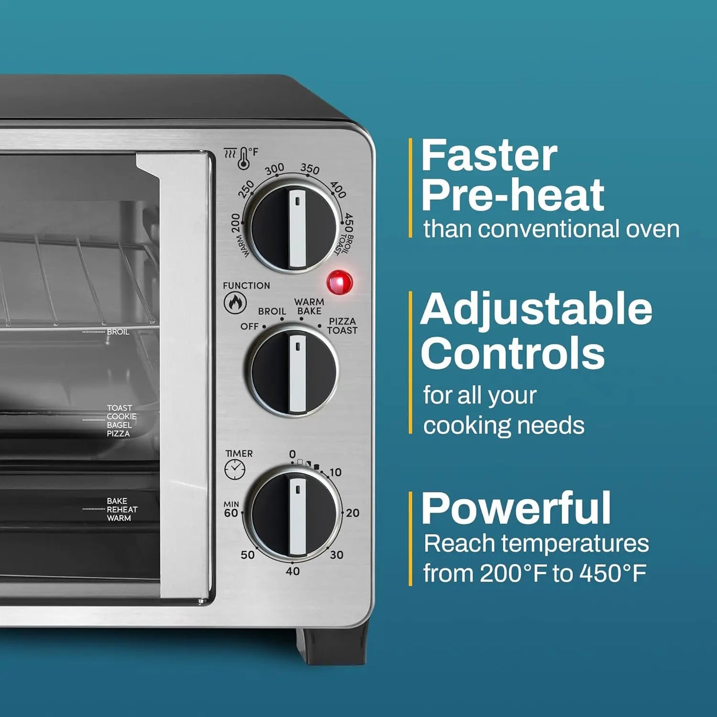 Double French Door Countertop Toaster Oven, Bake, Broil, Toast, Keep Warm, Fits 12" pizza, 25L capacity, Stainless Steel & Black