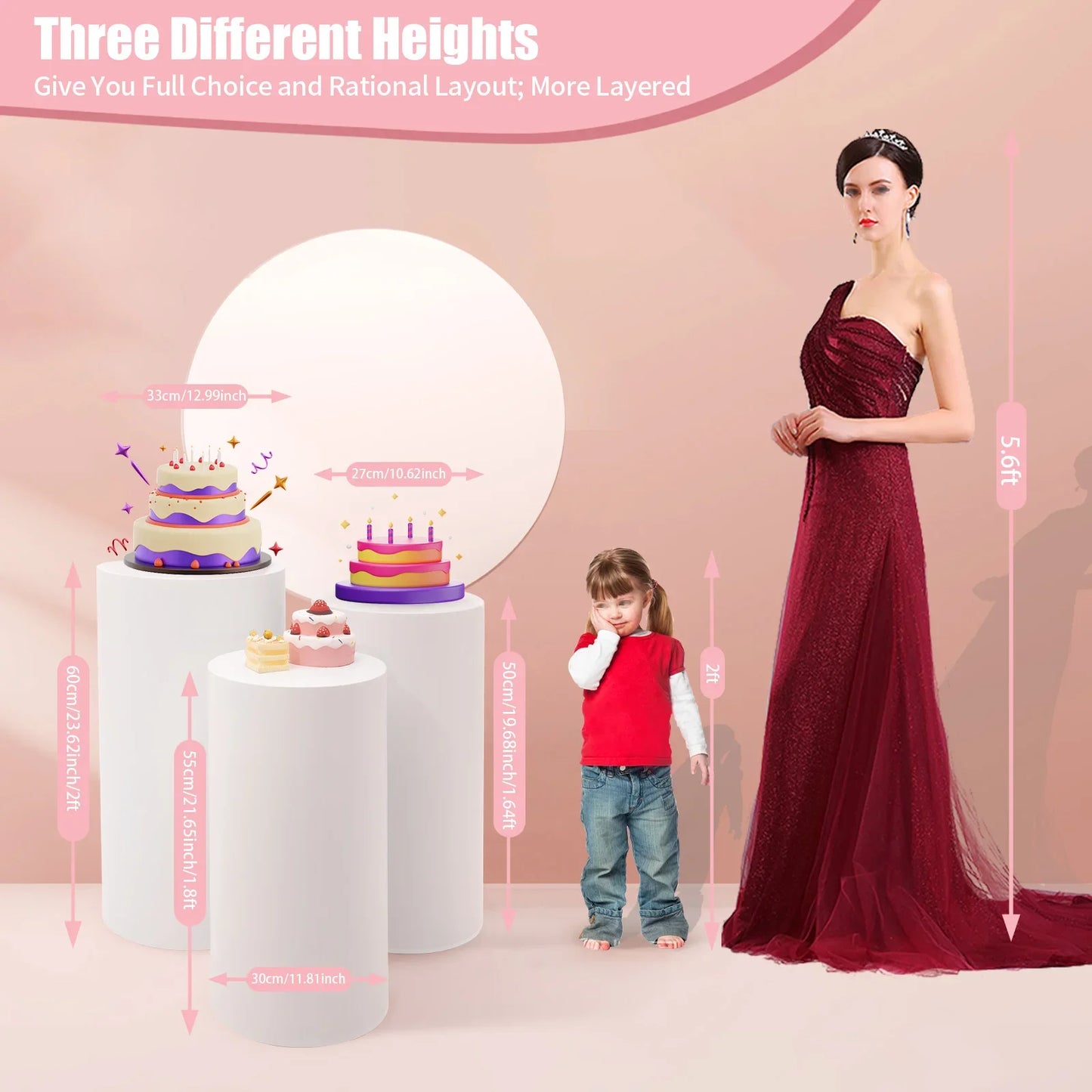 Hign Concerned Cylindrical Three Tier Cake Display Stands