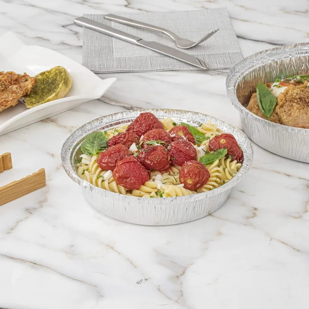 Heavy Duty Aluminum Foil Pans 24 Ounce Round Baking Trays 100 Pack Disposable Oven Safe Food Containers Ideal Leftovers