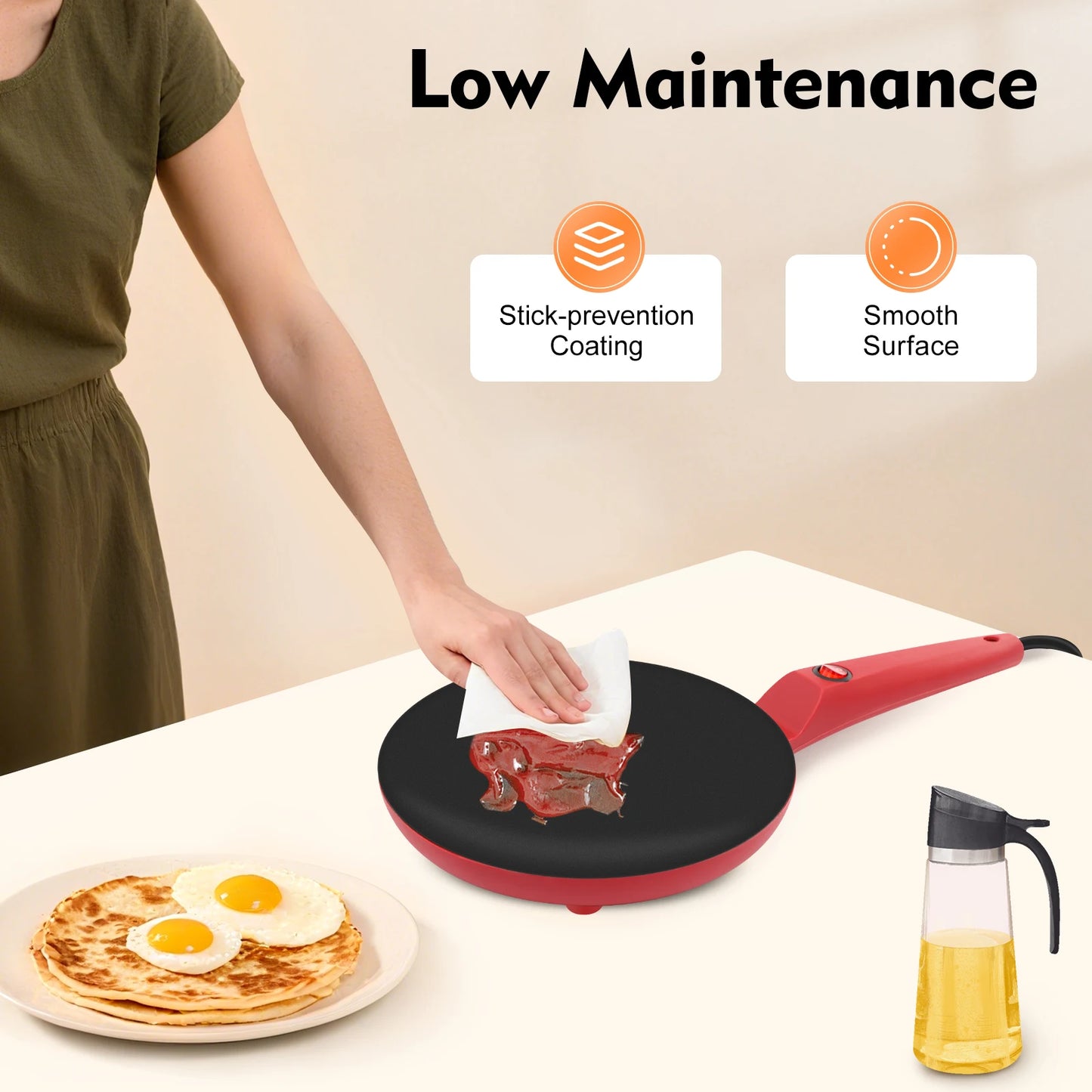 Red 8" Plastic Electric Crepe Maker,110V Corded Electric Pancake Machine Desktop Mount for Home,Bakery